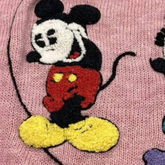 Sunday Comics Sweater M Vintage Mickey Minnie Flowers Short Sleeve Pink Textured - Picture 5 of 6